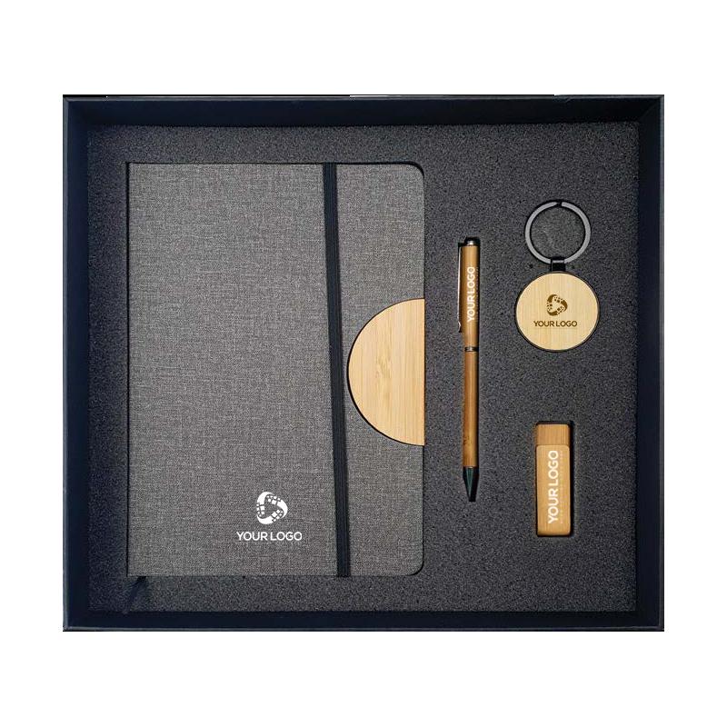 Black Cardboard gift box with A5 Size Dorniel Notebook, Bamboo Pen, Metal Keychain with Bamboo With Logo-255